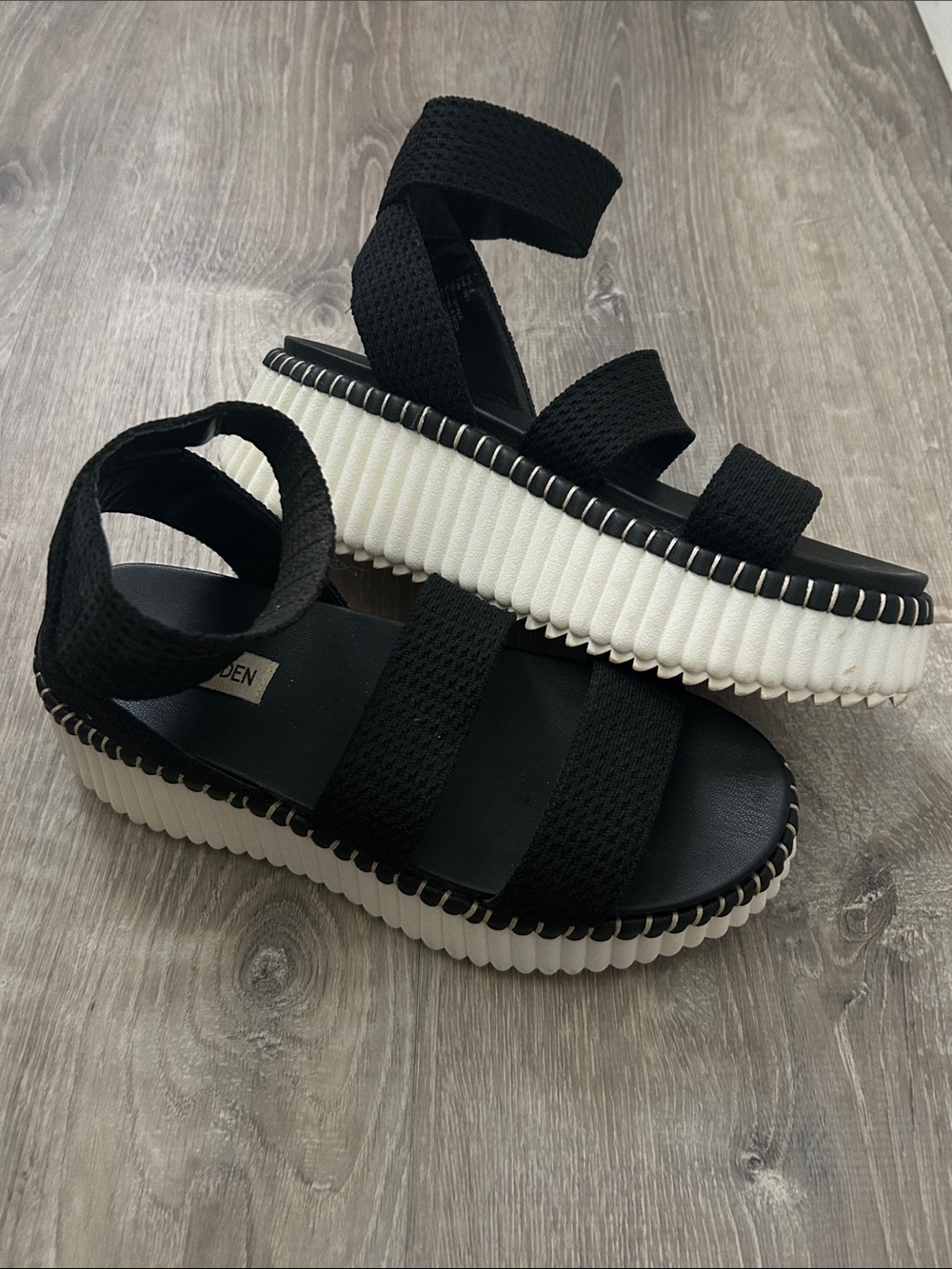 Steve Madden Black Strappy Platform Sandals with White Ribbed Sole